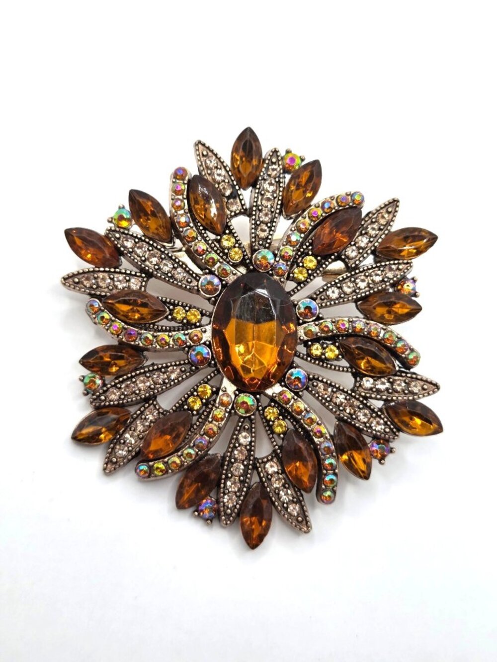 Gold Tone Amber Rhinestone Brooch With Multicolor Accents & Textured Backing